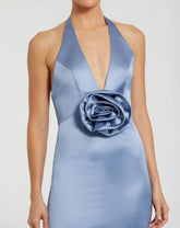 Blue Satin Halter Slip Dress with Rosette Detail
